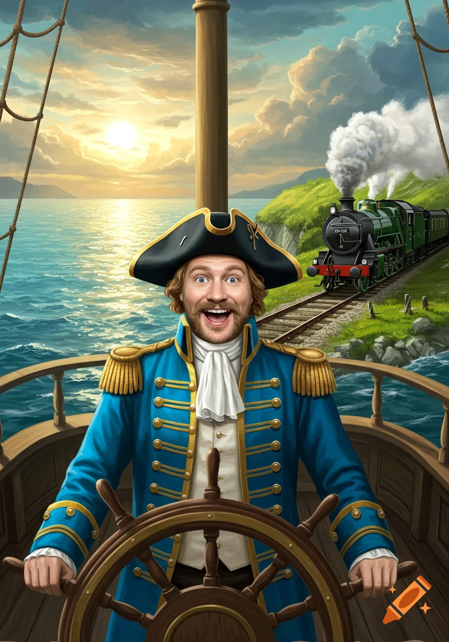 A smiling pirate captain at a ship's helm, with a green steam train on a coastal track and a sunset over the sea.