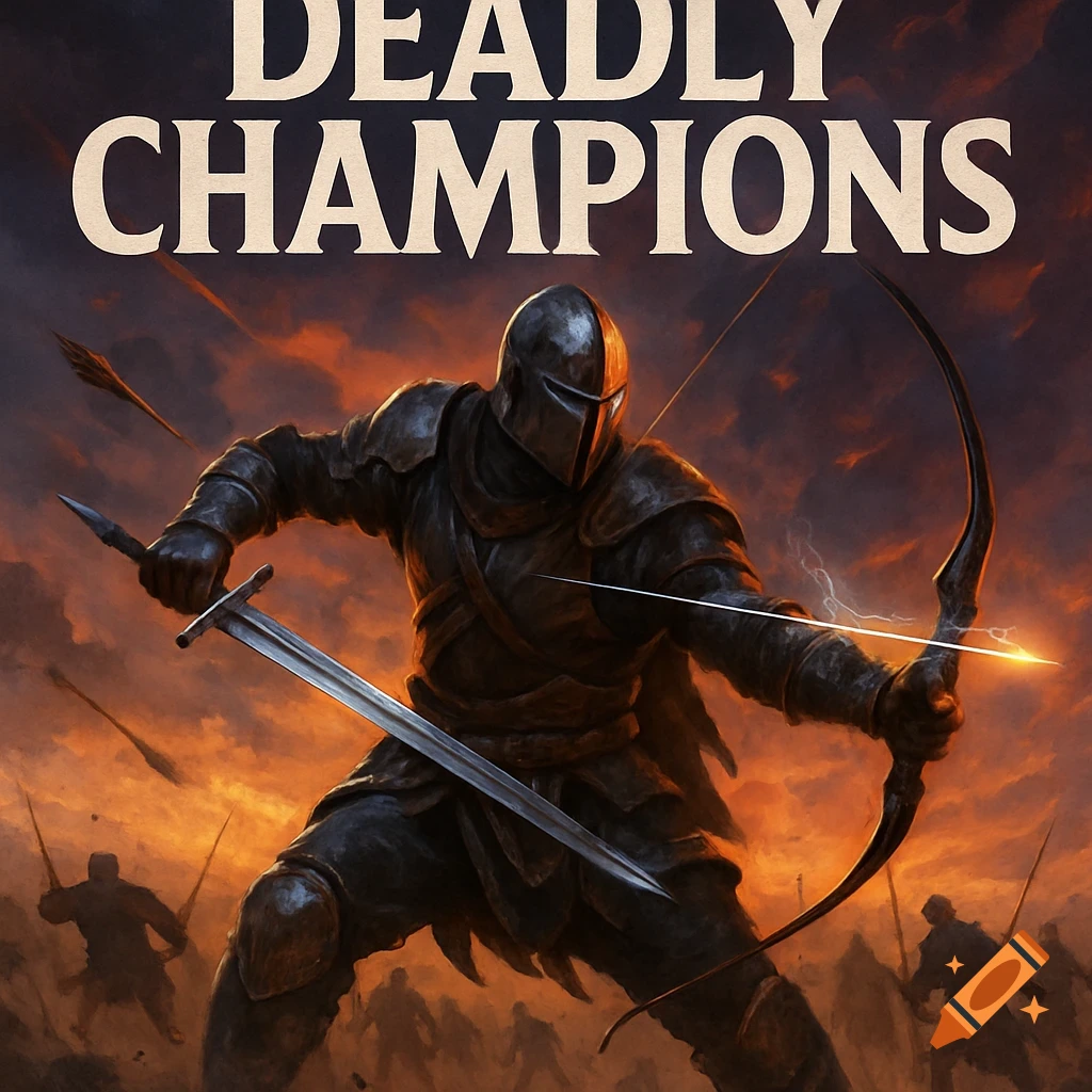Heavily armored warrior holds a sword and bow, ready for battle, against an orange sky with other warriors in silhouette. Game cover art.