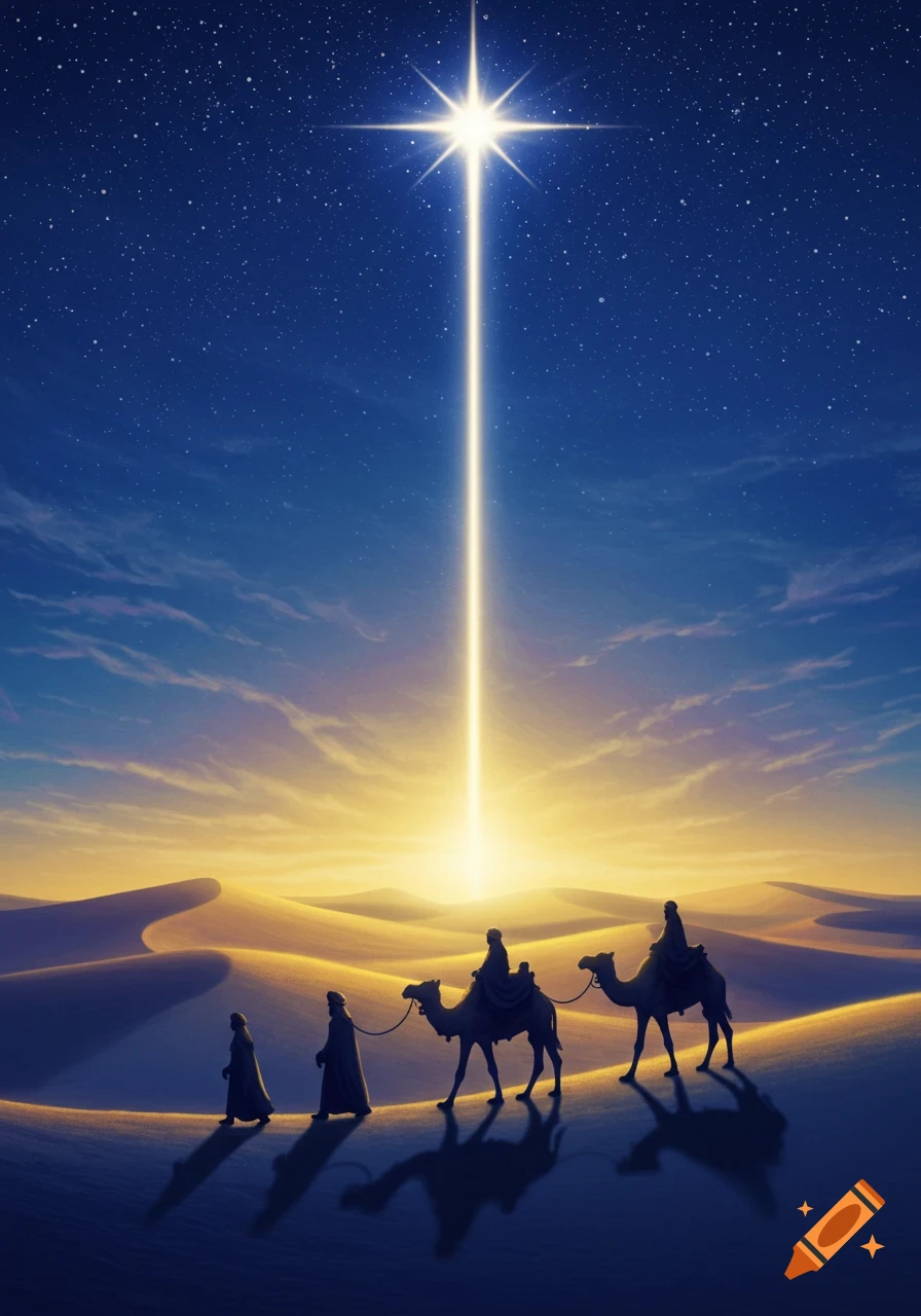 Three Wise Men on foot and camel silhouettes follow a bright star over desert dunes at dusk.