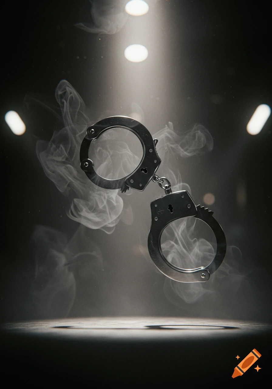 A pair of shiny metal handcuffs suspended in a dark, smoky room illuminated by spotlights, creating a dramatic atmosphere.