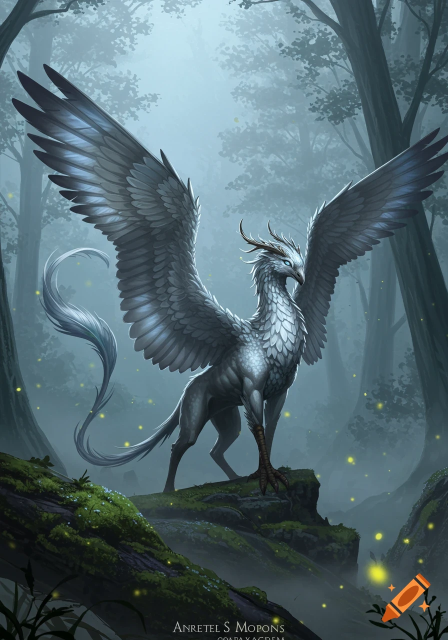 A majestic white gryphon-like creature with large wings stands on a mossy rock in a foggy, ancient forest with glowing light specs.