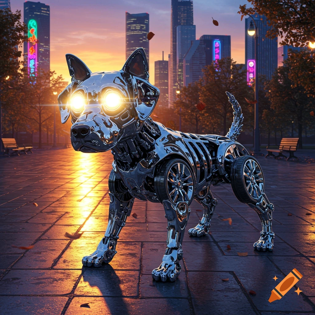 A futuristic chrome robot dog with glowing eyes and car wheels for legs stands in a city park at sunset.