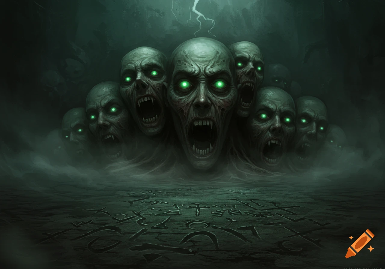 Multiple screaming, ghoul-like faces with glowing green eyes and fangs emerge from dark mist above ground with carved symbols.