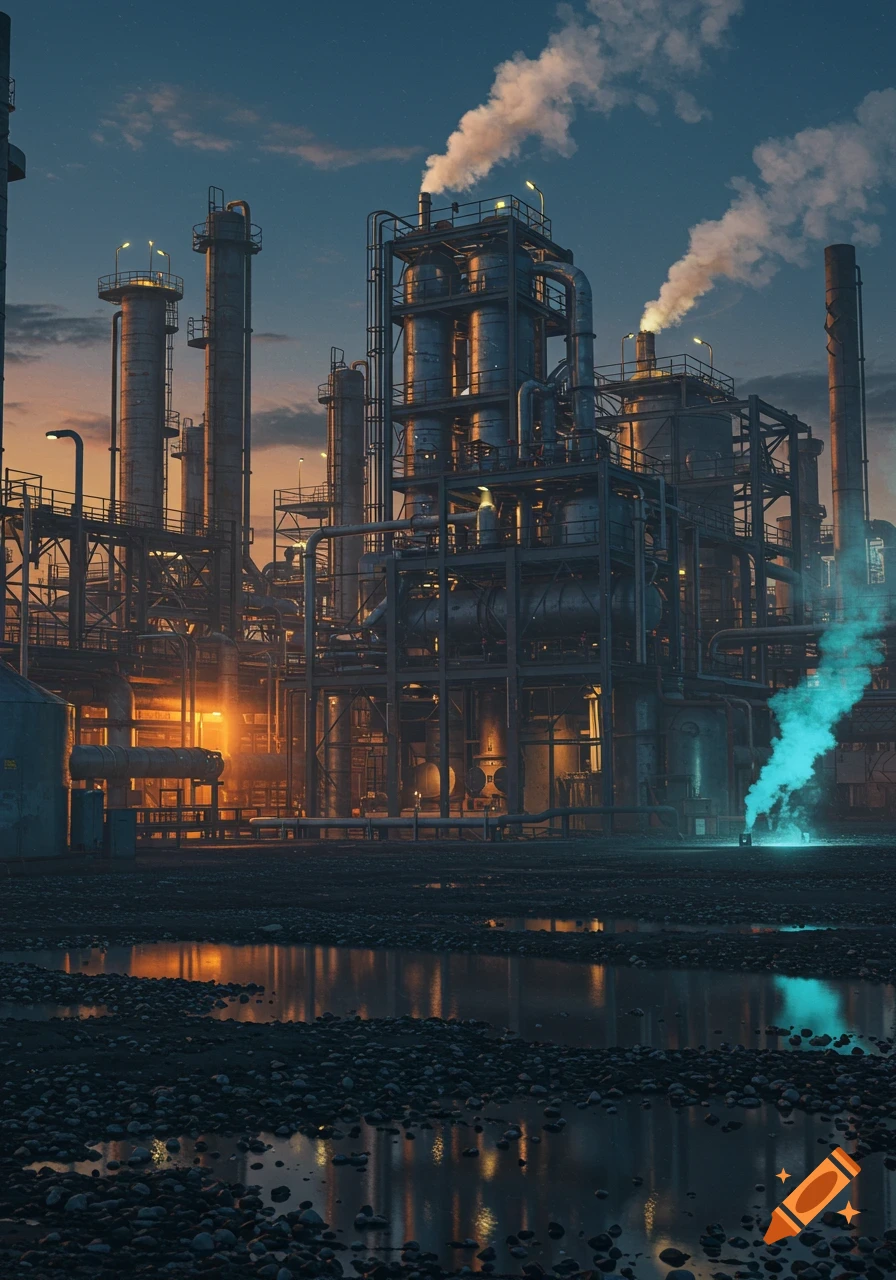 Photorealistic image of a large industrial refinery at twilight with lights, smoke, and reflections in puddles.