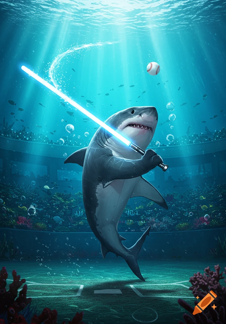 A smiling shark wields a blue lightsaber in an underwater baseball stadium, preparing to hit a baseball.