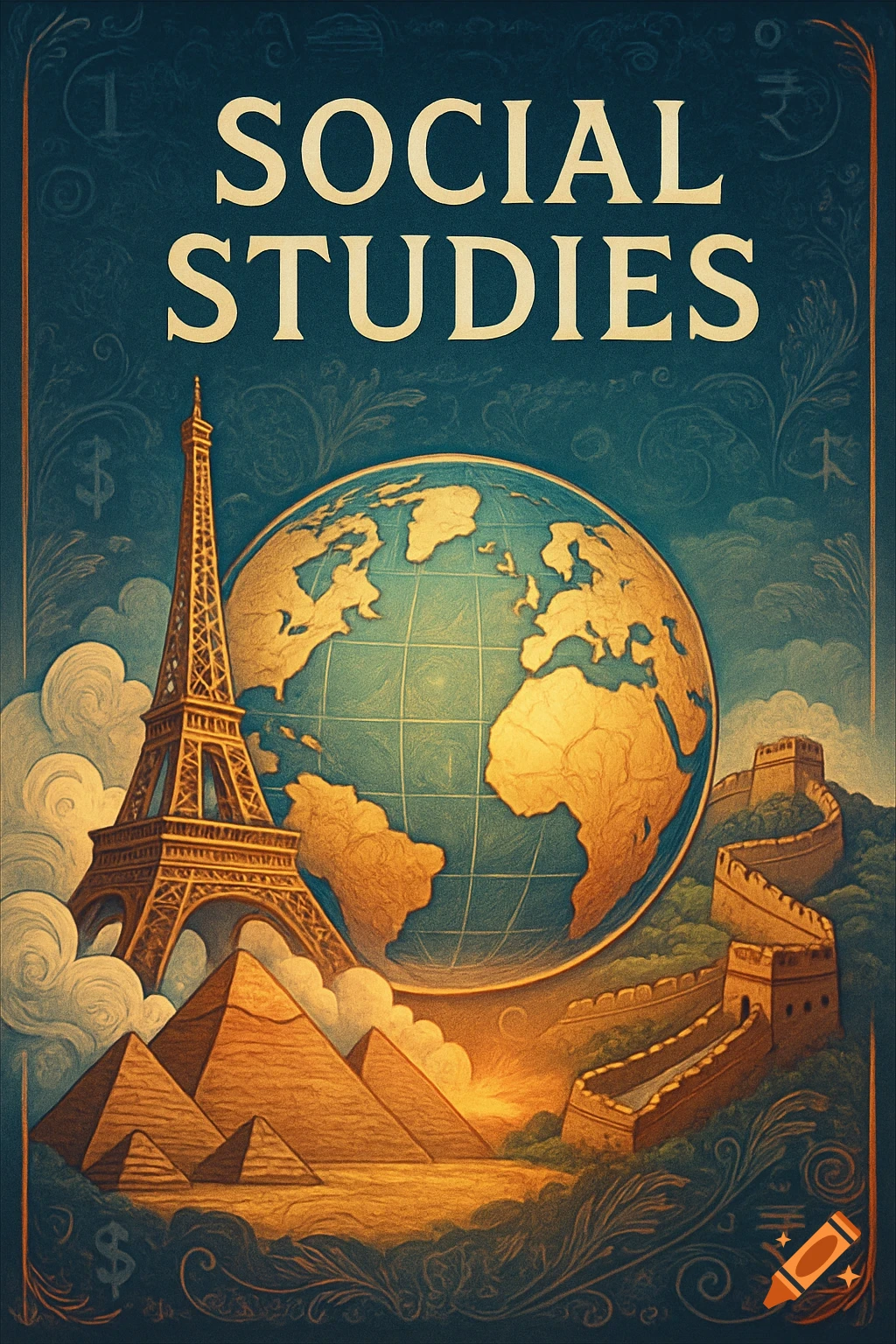 Vintage illustration for Social Studies with a globe, Eiffel Tower, pyramids, and the Great Wall of China.