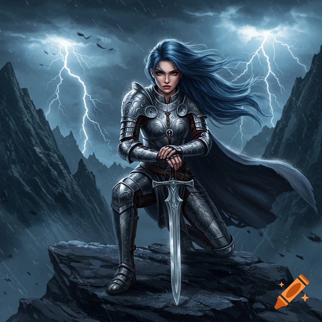 A warrior woman with blue hair and silver armor kneels on a rock, holding a sword amidst a stormy, lightning-filled mountain landscape. Digital art.
