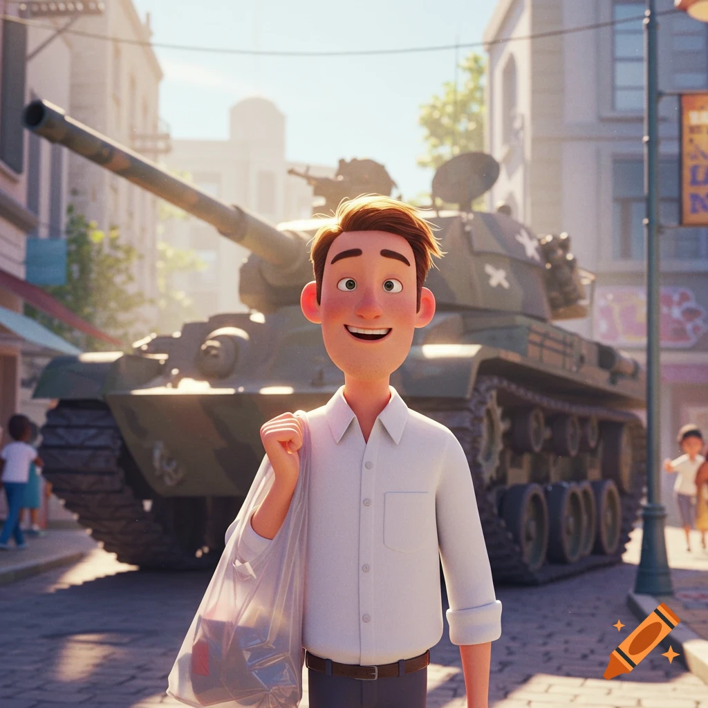 A smiling animated man in a white shirt holds a plastic bag in front of a tank on a sunny urban street, in Pixar style.