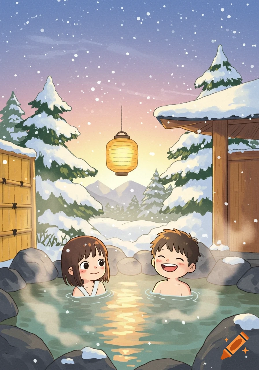 Cartoon boy and girl smiling in a snowy outdoor onsen at sunset, with pine trees and a glowing lantern.