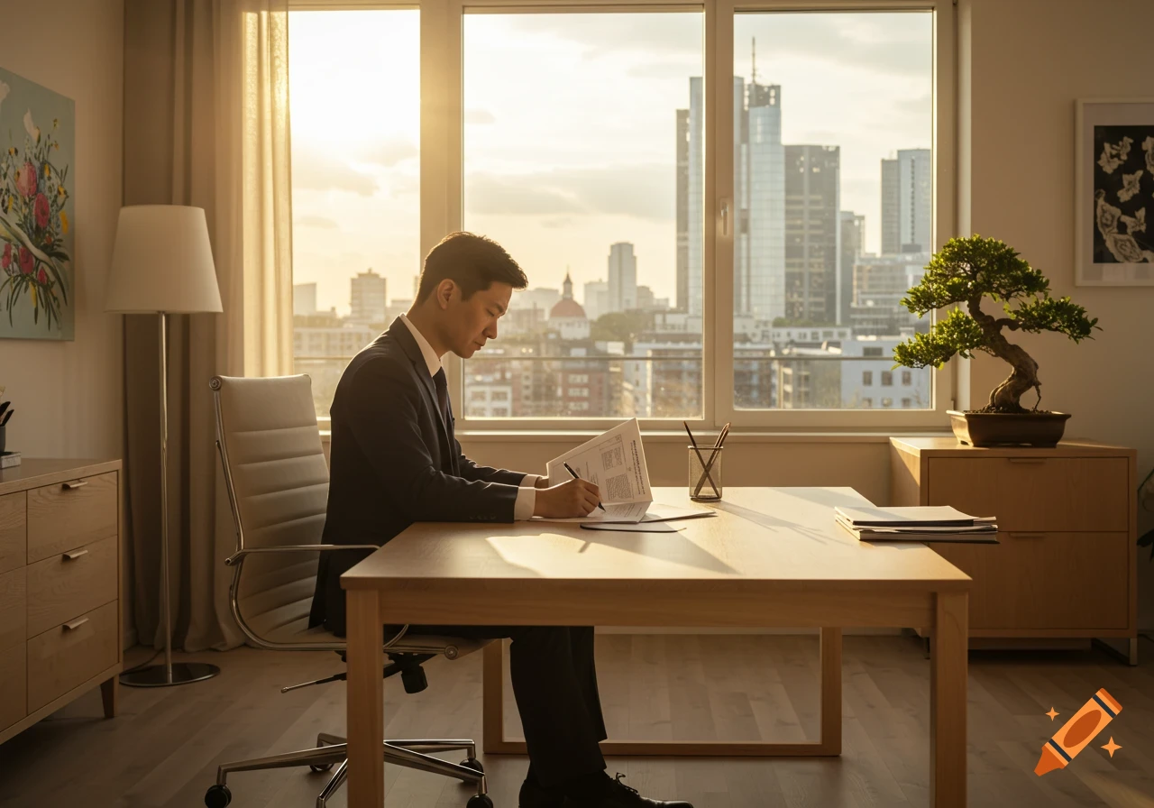 A man in a suit sits at a wooden desk in a sunlit office, writing on papers. Outside a large window, a city skyline is visible.