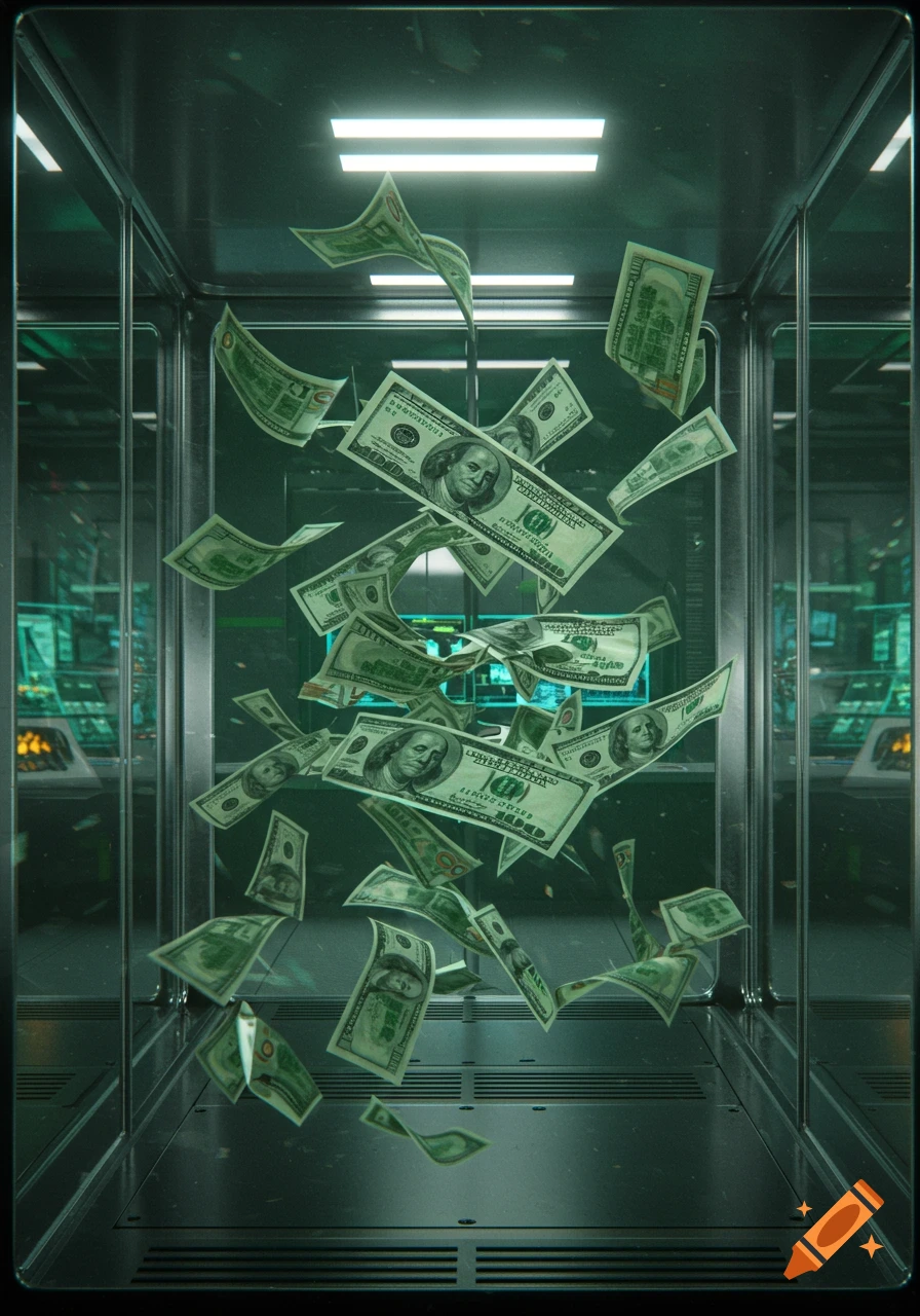Many $100 dollar bills fly through a glass wind chamber or vault. The scene has a dark, sleek, and somewhat futuristic aesthetic.