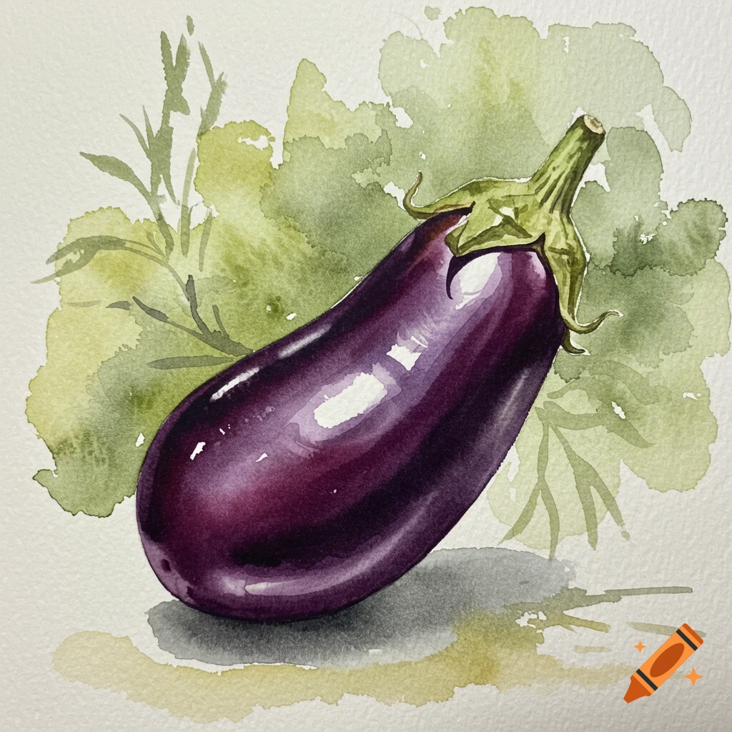 Watercolor painting of a deep purple eggplant with a green stem and leafy background.