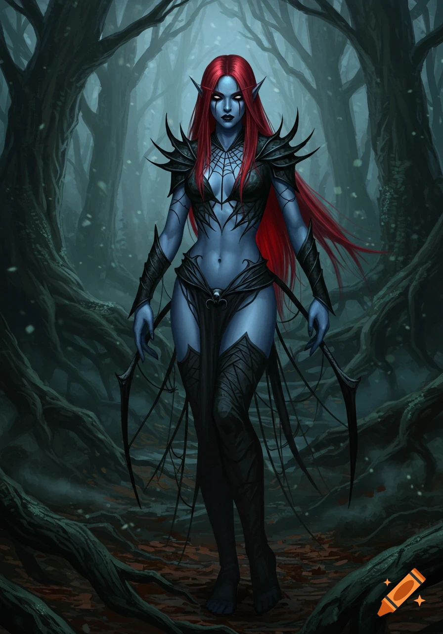 A blue-skinned dark fantasy elf with red hair and glowing eyes, wearing a black spiked spiderweb outfit, stands in a gnarled forest. Digital art.