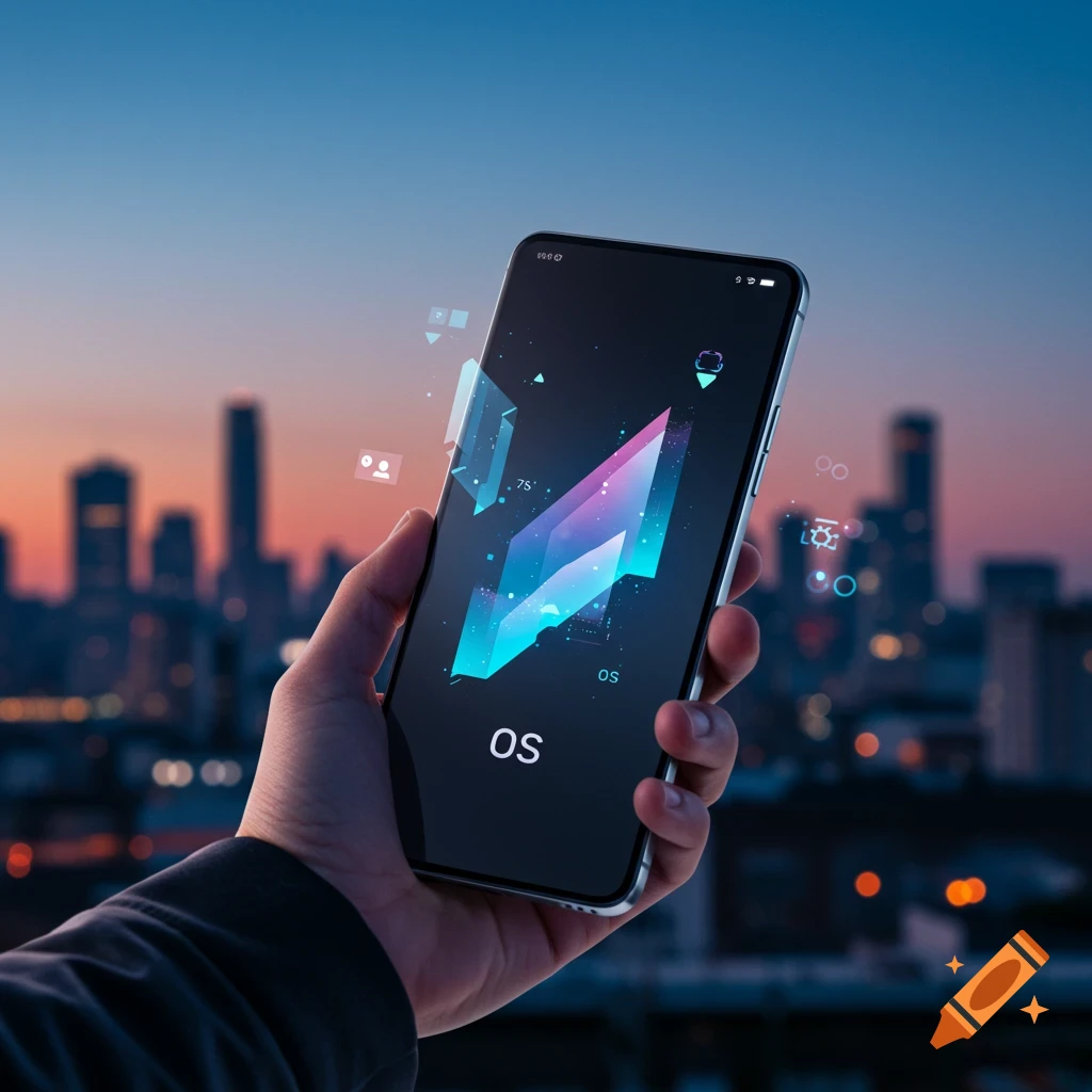 A hand holds a sleek smartphone displaying a futuristic user interface with glowing geometric shapes and the word 'OS' against a city skyline at dusk.