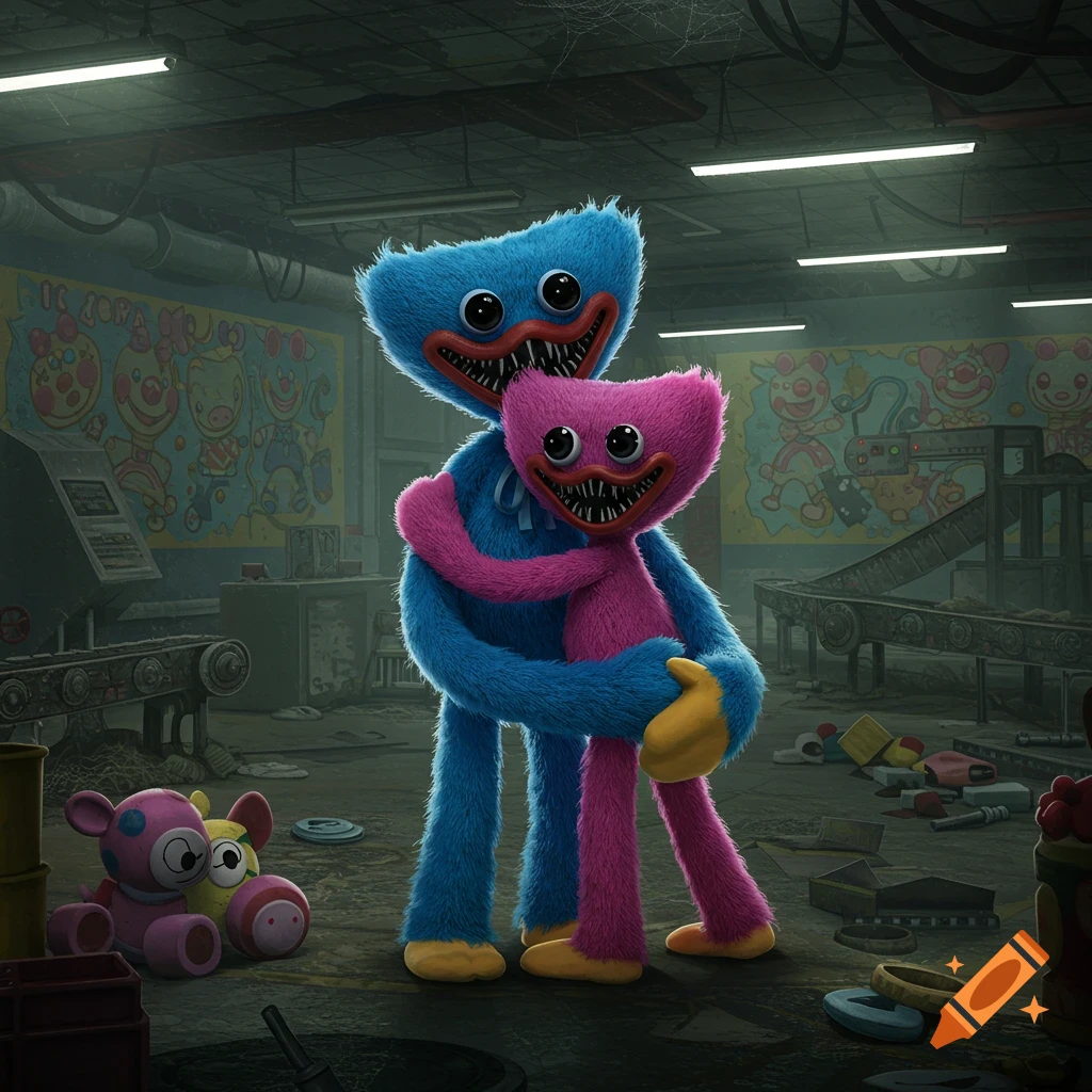 Huggy Wuggy, a blue furry monster, hugs Kissy Missy, a pink furry monster, in a spooky, dilapidated factory.