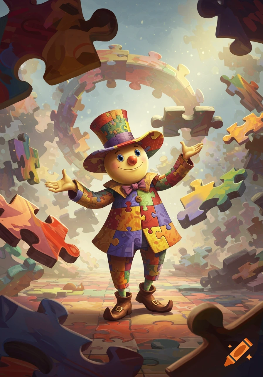 A whimsical character made of colorful puzzle pieces, in a suit and top hat, stands cheerfully amidst a swirling, fantastical landscape of puzzle pieces.