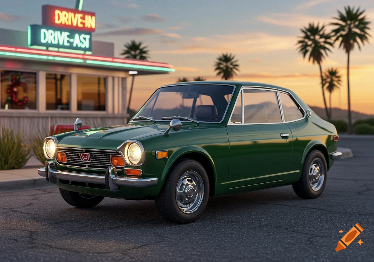 A green 1972 Honda 600-Z parked in front of a neon-lit drive-in diner at sunset, photorealistic.