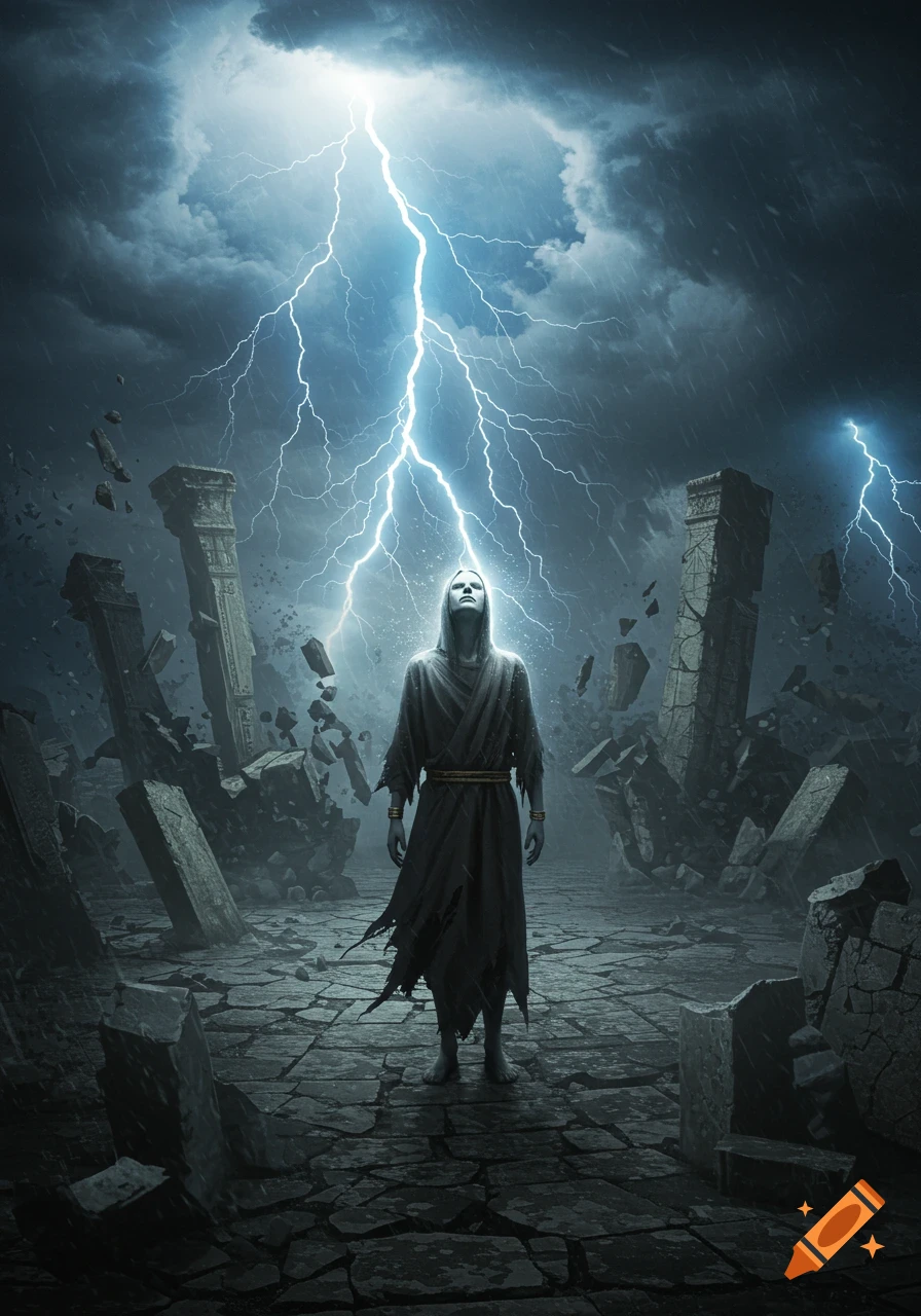 A robed figure stands barefoot amidst crumbling ancient ruins under a dark, stormy sky with vivid lightning strikes.