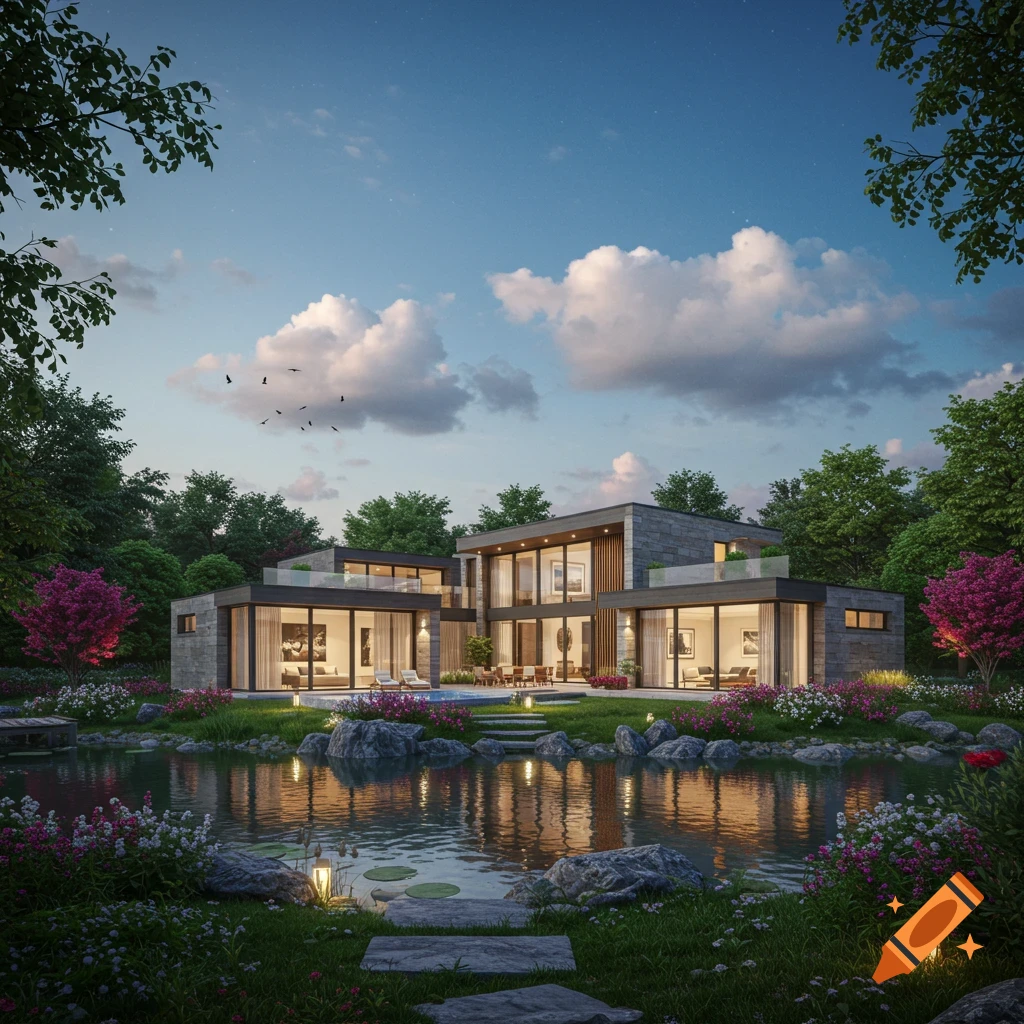 Modern house with large windows by a serene pond, surrounded by lush gardens and trees, illuminated at twilight. Photorealistic.