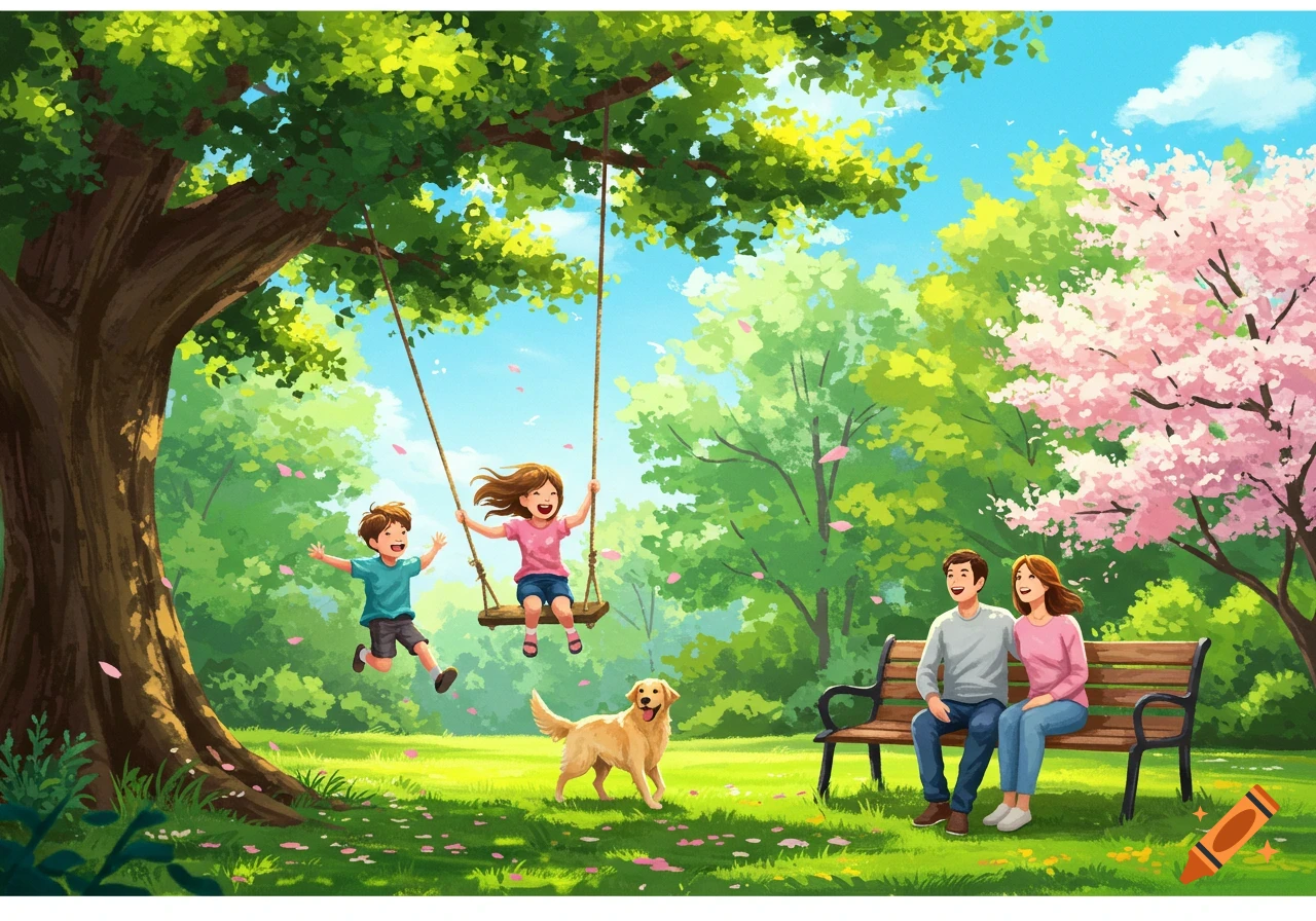 A vibrant illustration of a family in a sunny park: two children joyfully swing from a tree while parents and a dog relax on a bench.