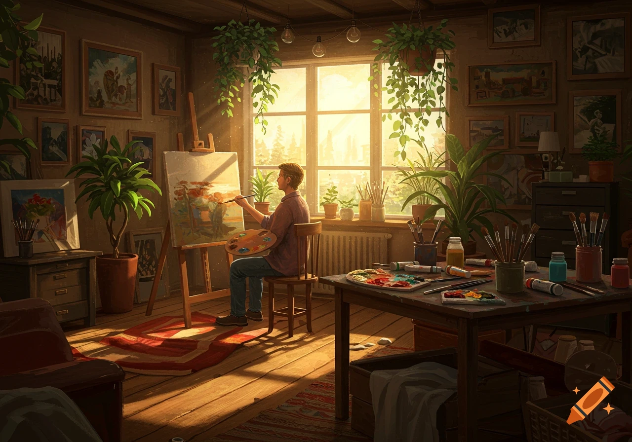 A man paints at an easel in a sunlit art studio filled with plants, art supplies, and paintings on the wall.