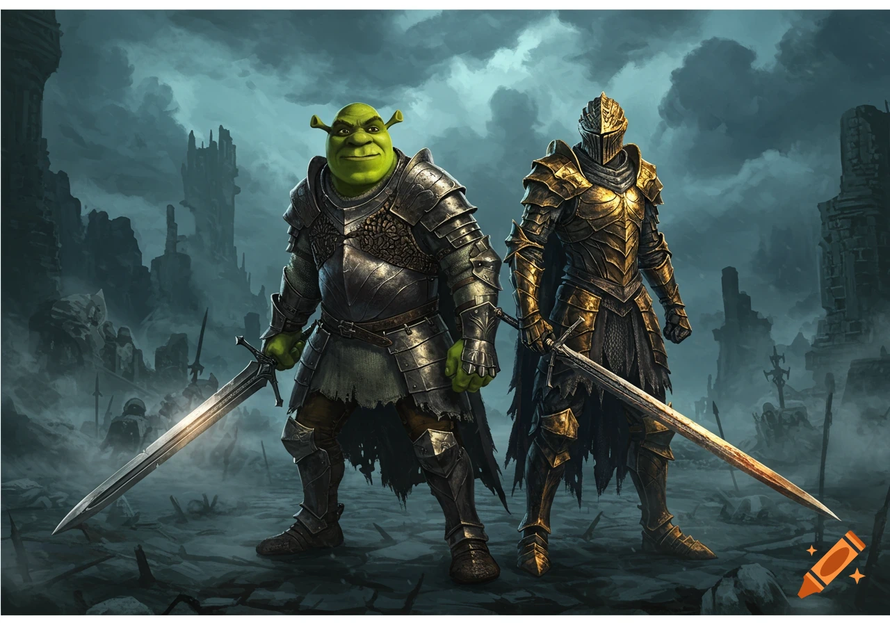 Shrek in silver armor and a golden armored knight stand with swords in a dark, ruined fantasy landscape.