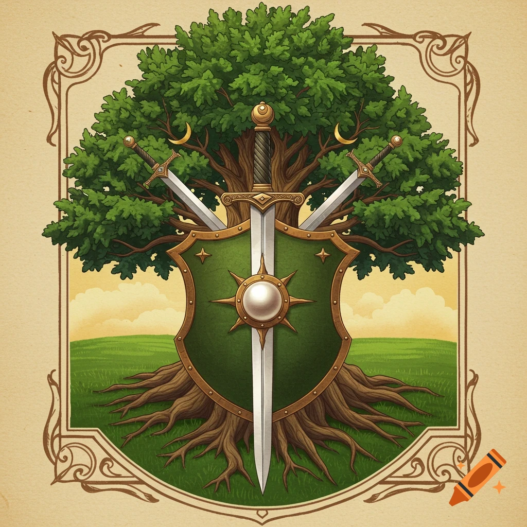 A stylized illustration of a coat of arms with a large green tree, a sword, and a green shield with a pearl in its center.