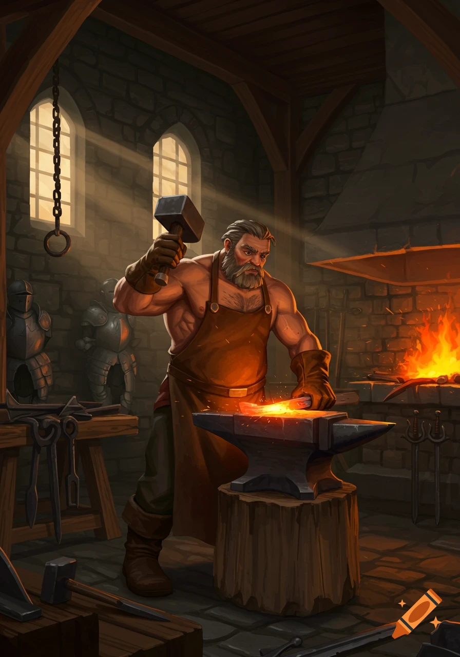 A burly blacksmith hammers glowing metal on an anvil in a stone forge, sunlight streaming in. Fantasy art style.
