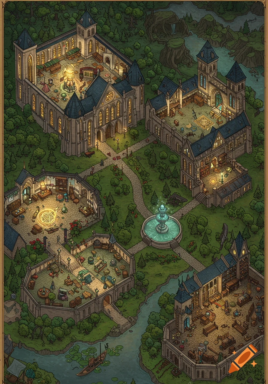 Detailed isometric fantasy map of a magical academy with buildings, a fountain, and winding paths in a forest.