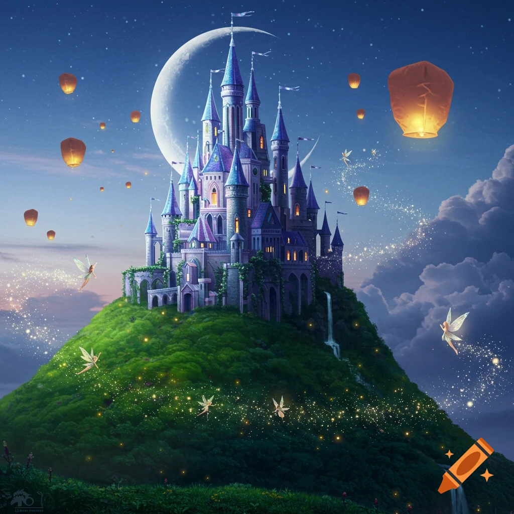 A magical fairy castle with purple turrets on a green hill under a crescent moon, with glowing lanterns, sparkling trails, and flying fairies.