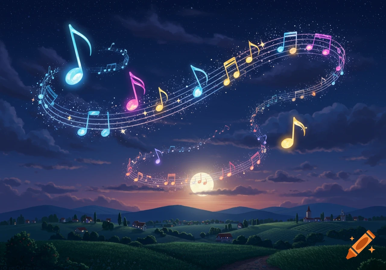 Dreamy night landscape with colorful glowing musical notes swirling above a full moon and a peaceful village.