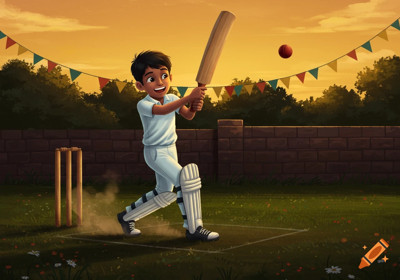 An Indian boy in a white uniform plays cricket with a bat and ball in a grassy backyard at sunset, with celebratory flags.