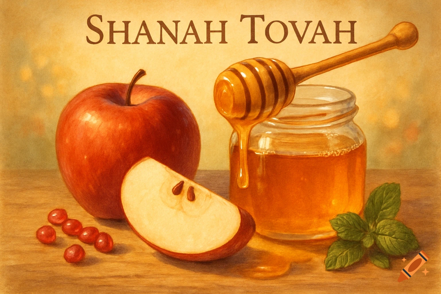 A painterly still life featuring whole and sliced red apples, a jar of honey, a wooden honey dipper, and the text "SHANAH TOVAH" above.
