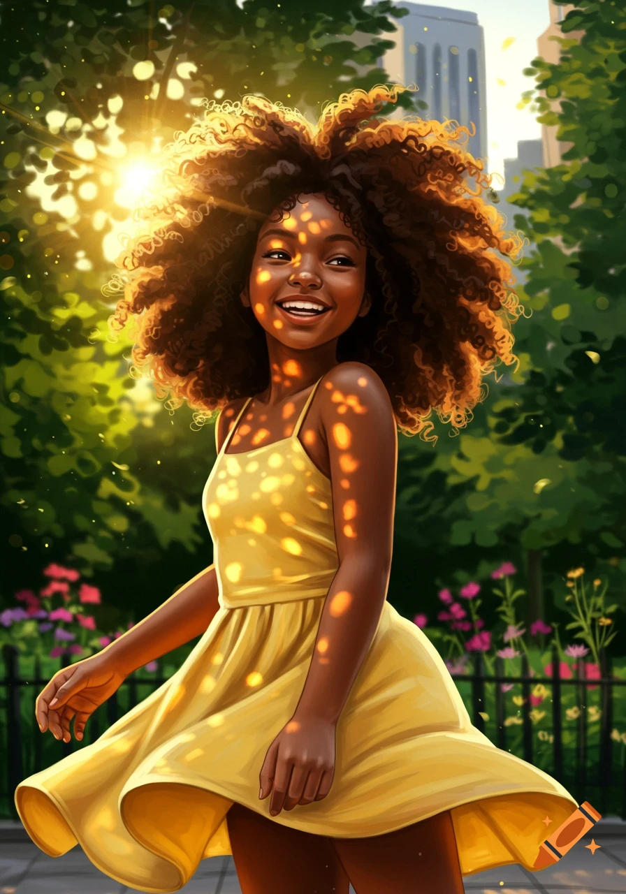 A smiling young Black girl with curly hair stands in a sunny park. Dappled light illuminates her yellow dress, with trees and city buildings in the background. Illustration style.