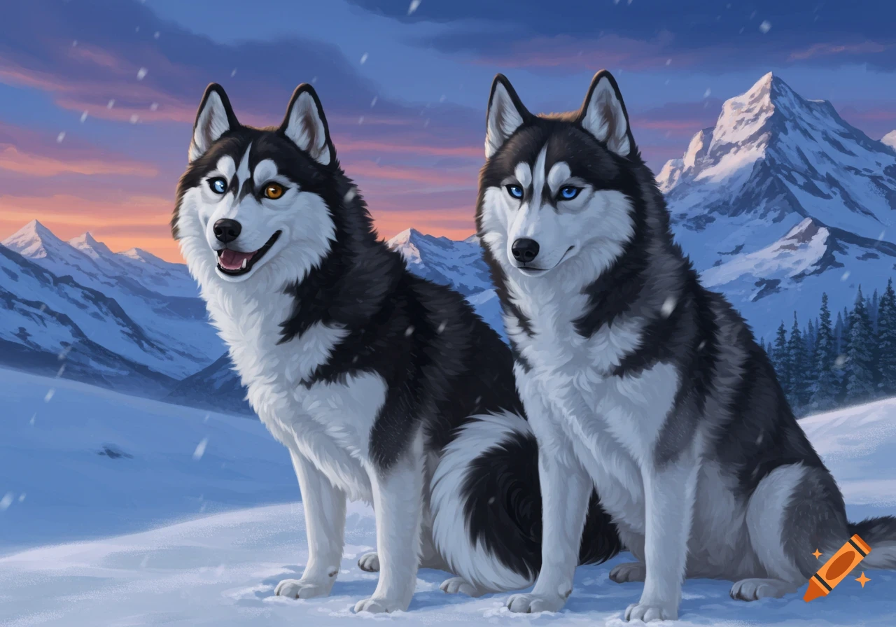 Two black and white huskies sit in a snowy mountain landscape with a vibrant sunset sky. One has heterochromia.