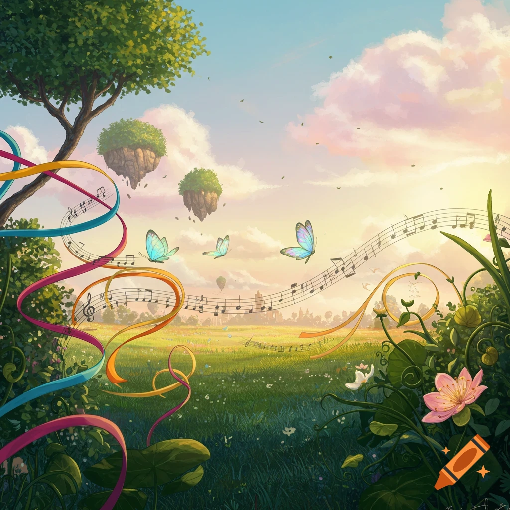 Vibrant fantasy landscape with a large tree, colorful ribbons forming musical staffs with notes, butterflies, floating islands, a field, and pink flowers under a sunset sky.