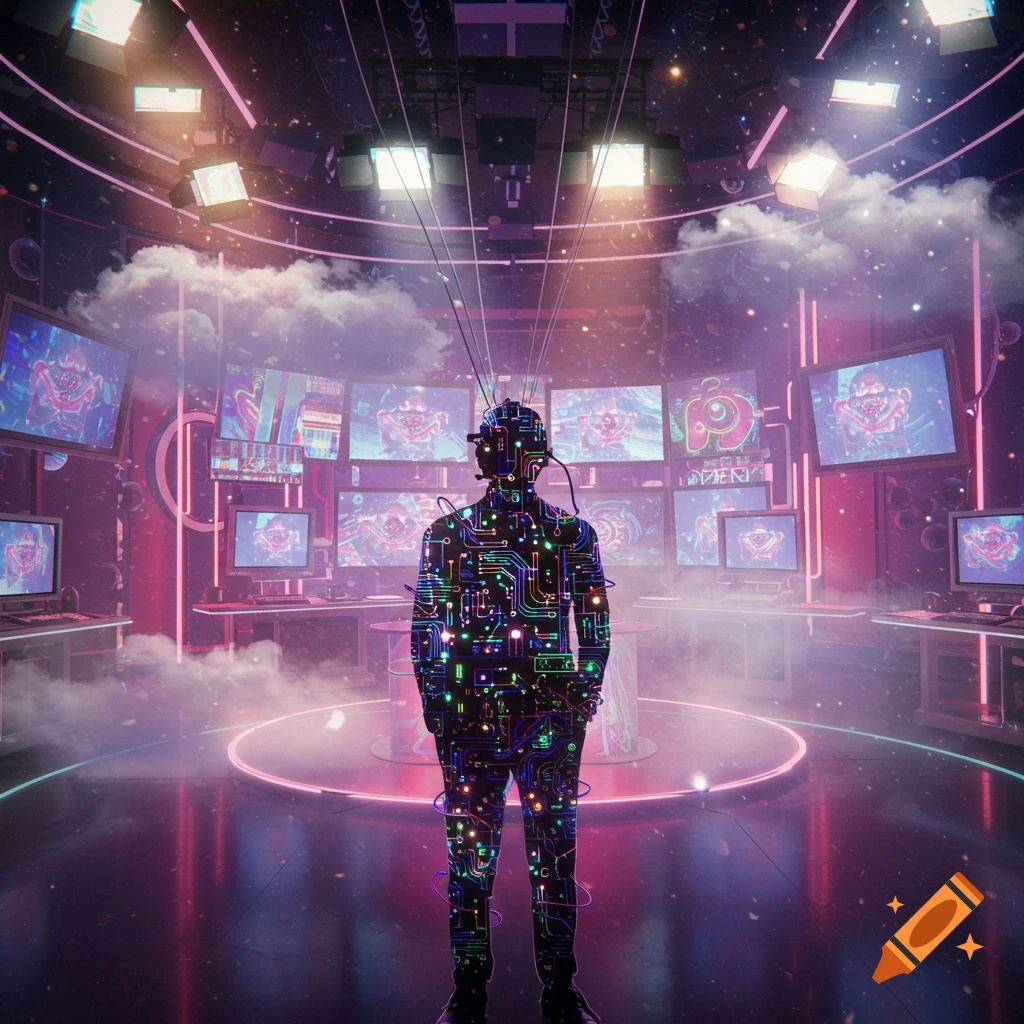 A glowing person made of circuit boards stands in a neon-lit, futuristic room filled with screens and mist, in a sci-fi digital art style.