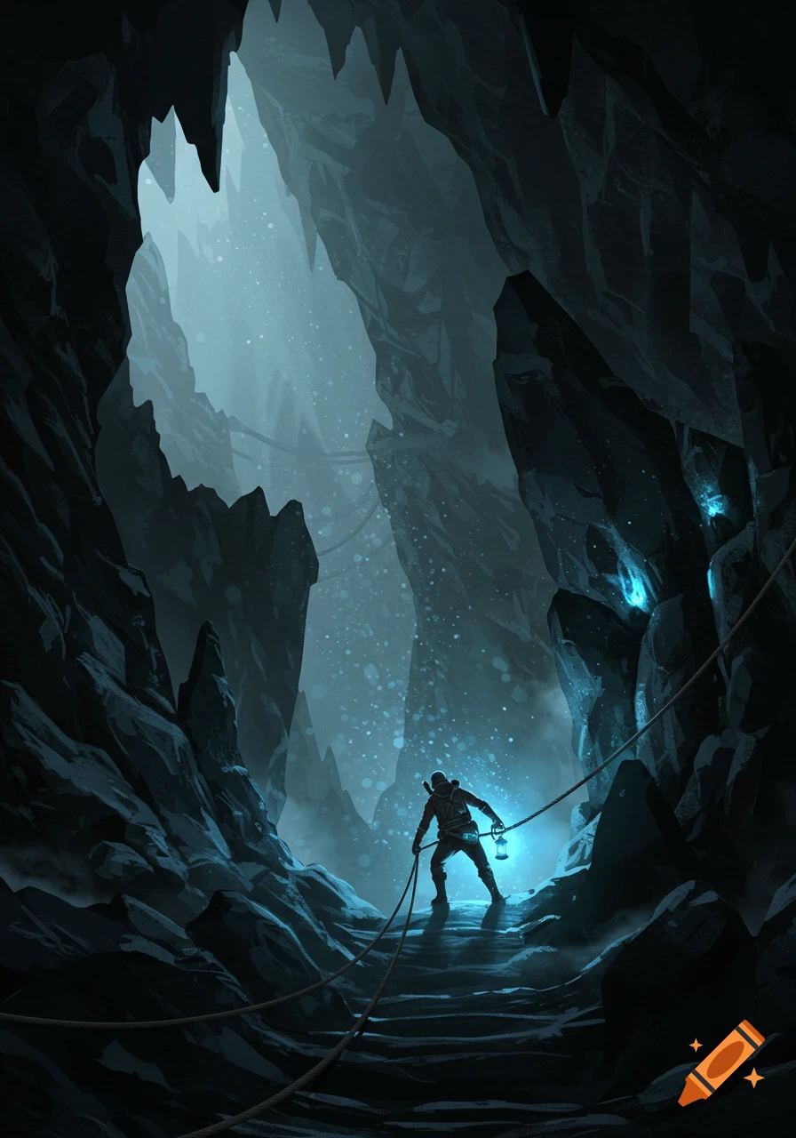 A lone adventurer descends into a dark, crystalline cave, guided by a blue lantern and a rope in fantasy art style.