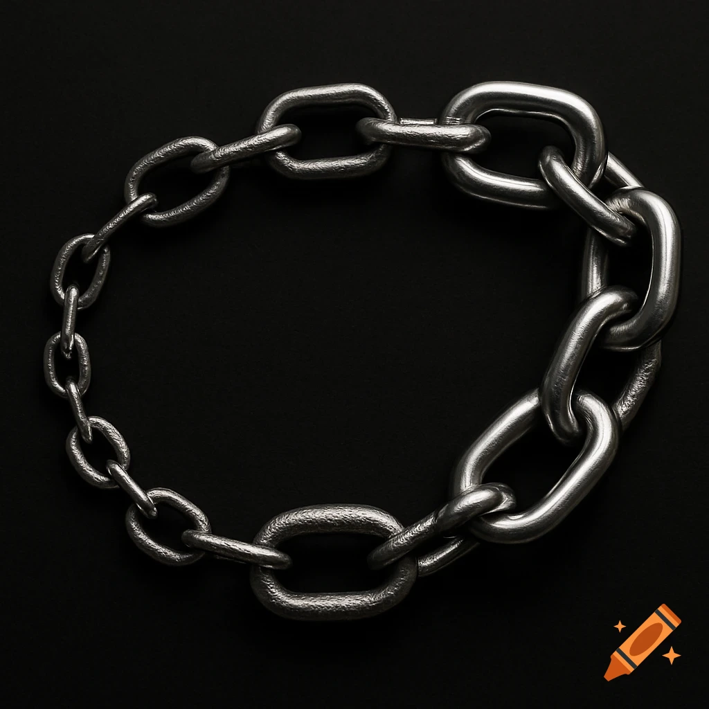 A metal chain with varying sized links forms an oval shape against a dark background.