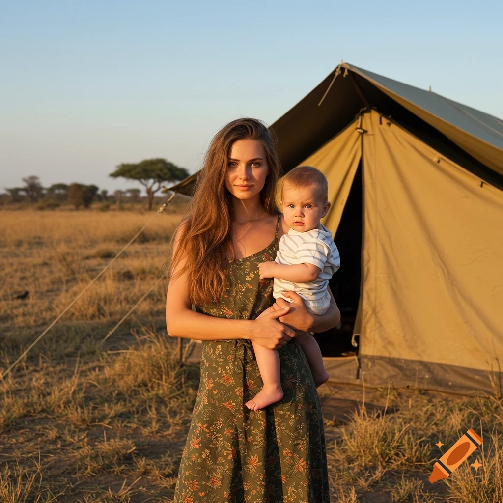 A woman holding a baby stands in a grassy field in front of a safari tent, with trees in the background under a clear sky.