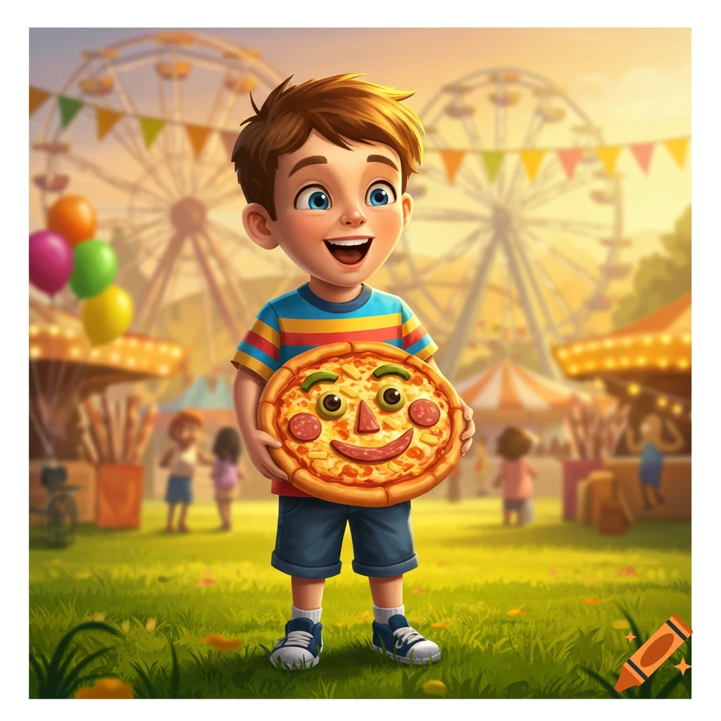 A cartoon boy in a striped shirt holds a smiling pizza in a sunny carnival setting with Ferris wheels and stalls.