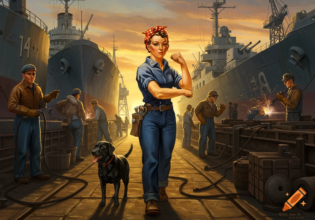 A Rosie the Riveter-like woman flexes her arm in a painterly style at a busy shipyard with workers, ships, and a black lab.