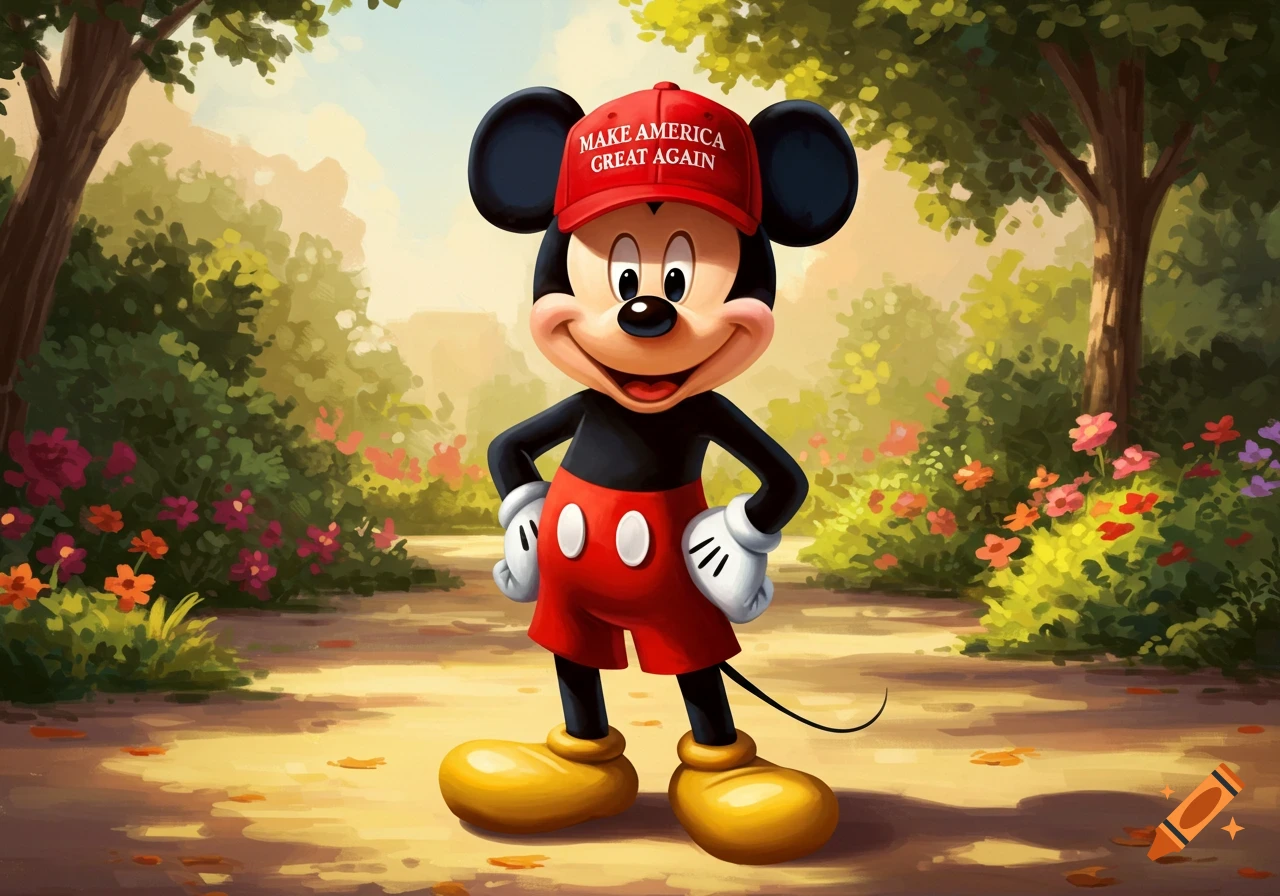 Mickey Mouse stands smiling in a garden, wearing a red baseball cap with 'MAKE AMERICA GREAT AGAIN' written on it.