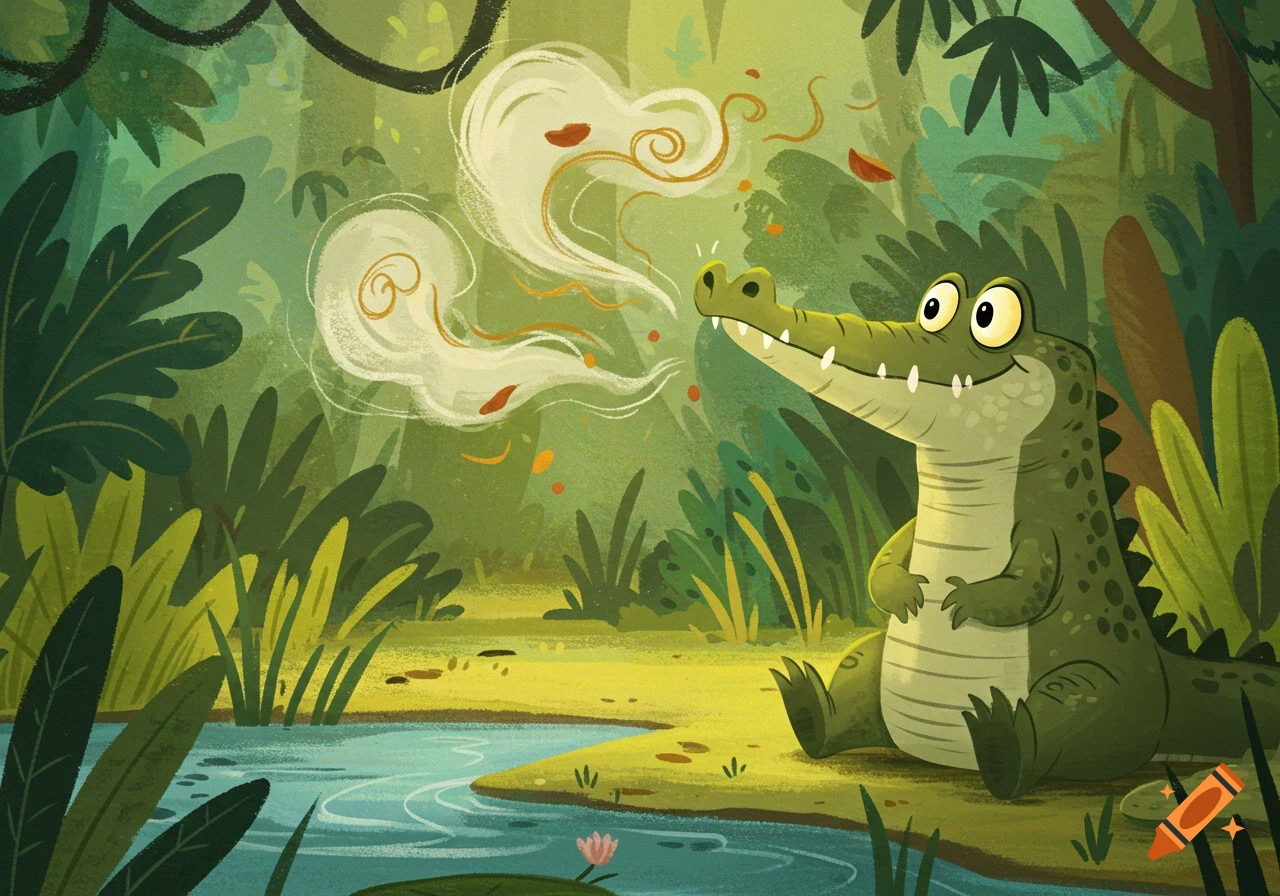 A smiling cartoon crocodile sits by a river in a jungle, smelling white wisps and leaves wafting toward its nose.