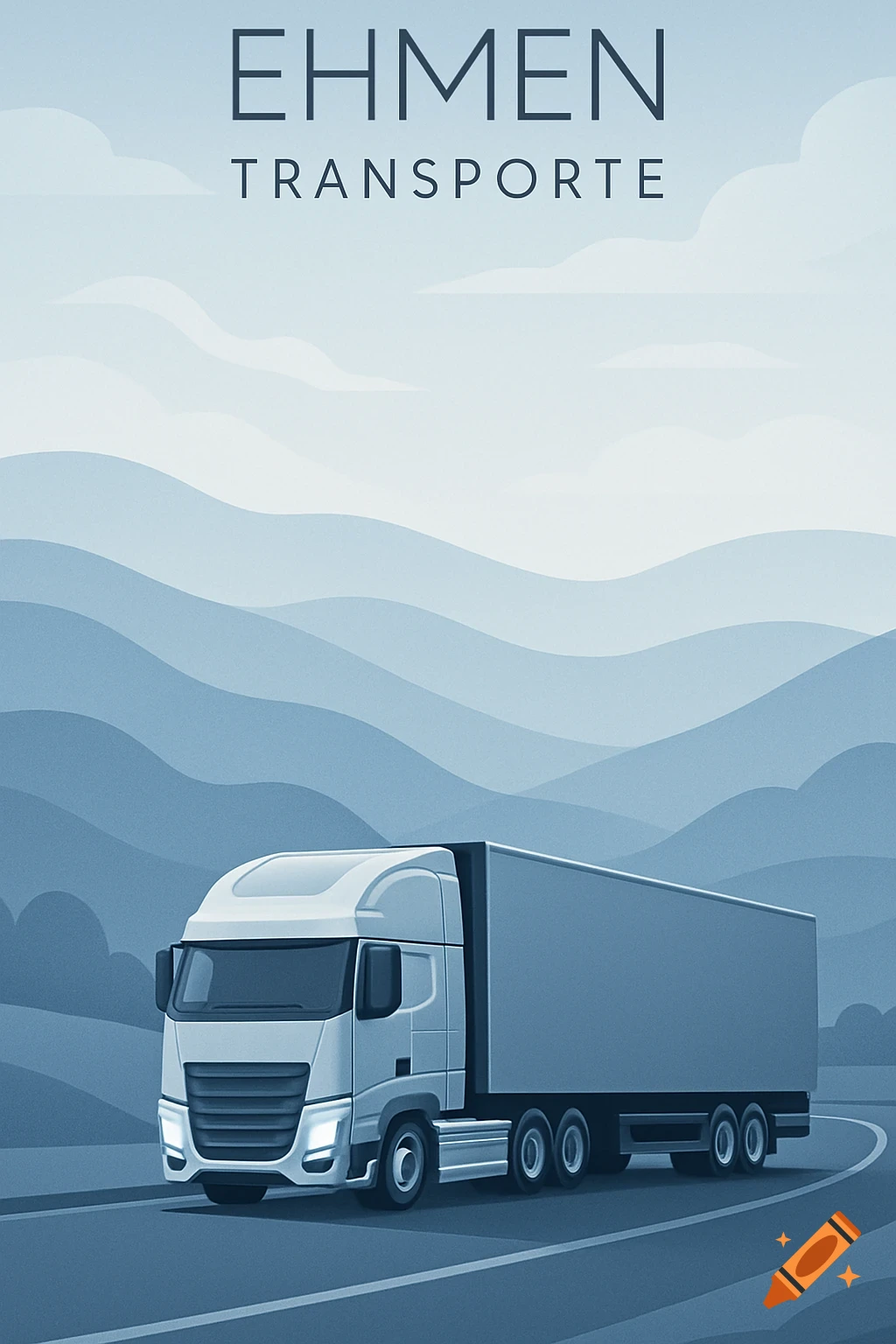 A minimalist illustration of a white semi-truck on a curving road, with blue hills and clouds in the background and 'Ehmen Transporte' text.