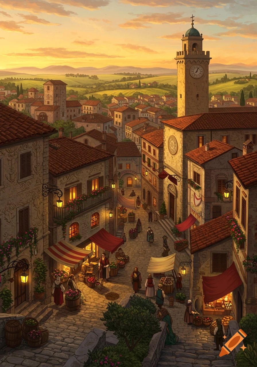Illustrated medieval Italian city market at sunset with a clock tower, red-roofed buildings, and people on cobblestone streets.