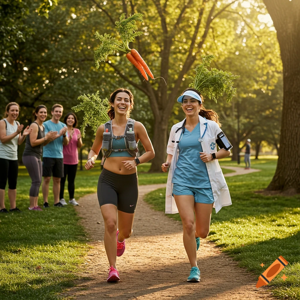 Two laughing women, one a runner, one a doctor, run down a park path with giant carrots floating above them as people clap.