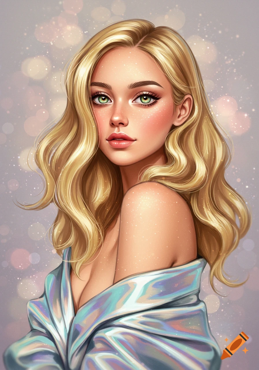 Digital painting of a beautiful woman with long blonde hair and green eyes, wearing a shimmery off-shoulder top, with a sparkling background.