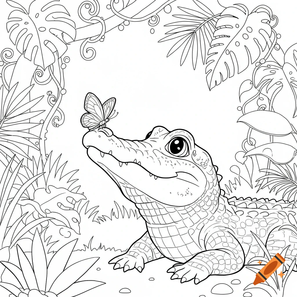Line art coloring page of a cute alligator with a butterfly on its nose in a jungle setting.