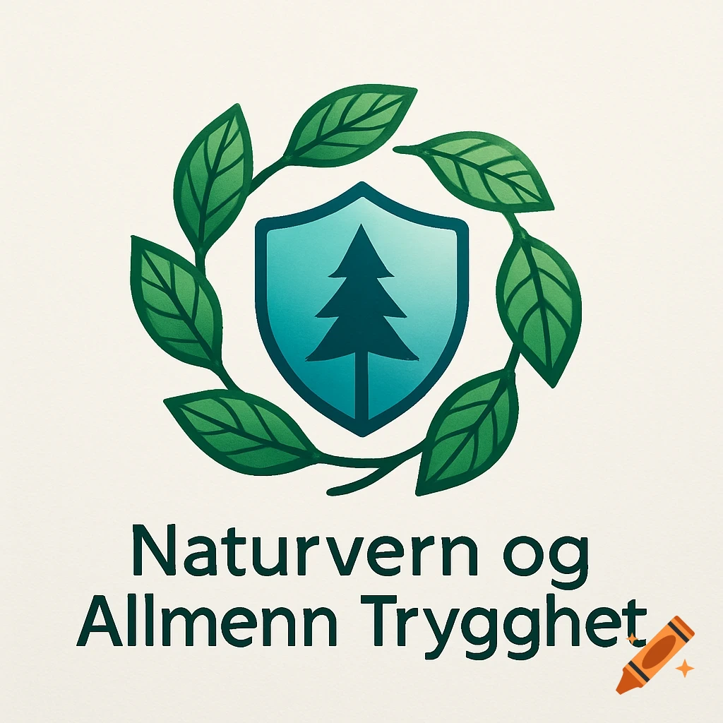 A green logo with a shield containing a pine tree, encircled by a wreath of leaves, with Norwegian text 'Naturvern og Allmenn Trygghet' below.